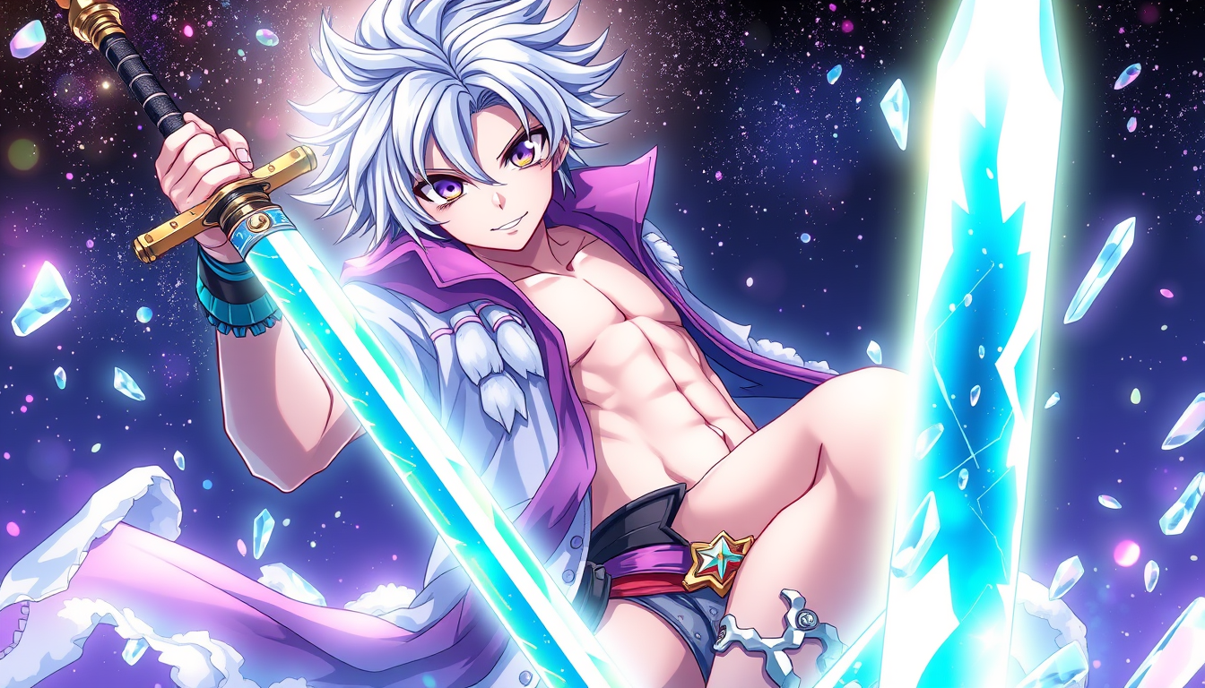 Anime idea: anime style, vibrant colors, expressive eyes, a magical guy with detailed cryo clothes and sword with no pants and underwear on , detailed anime illus