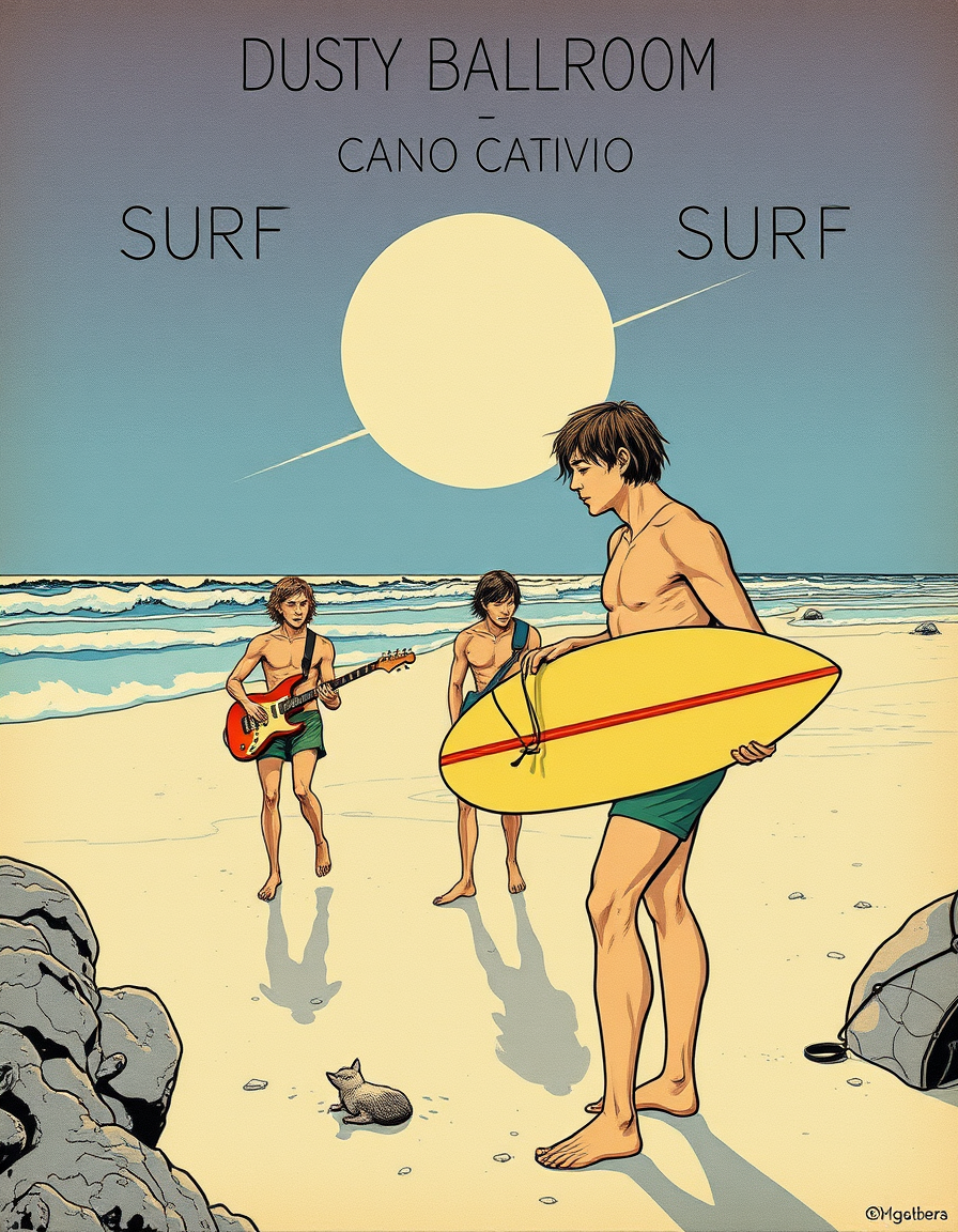 Main art studio: Generiere ein Bild im Franco belgischen surrealen Comicstil (Moebius) Am Strand steht in einiger Entfernung eine männliche, schemenhafte Surfband mit