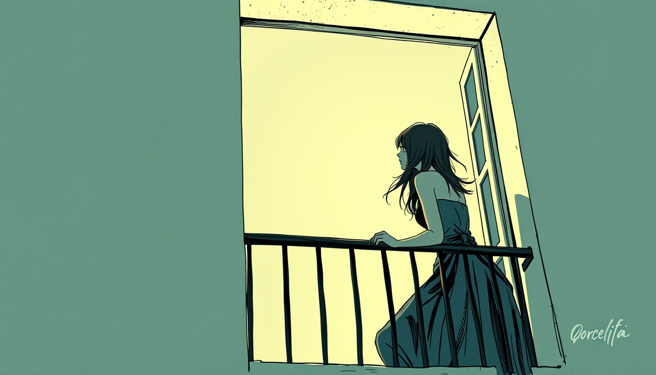 Main art studio: hola.necesitamos una imagen de una chica en el balcon gritando para una portada de novela q sea tetrico y titulado la sombra del balcon pero hacelo es