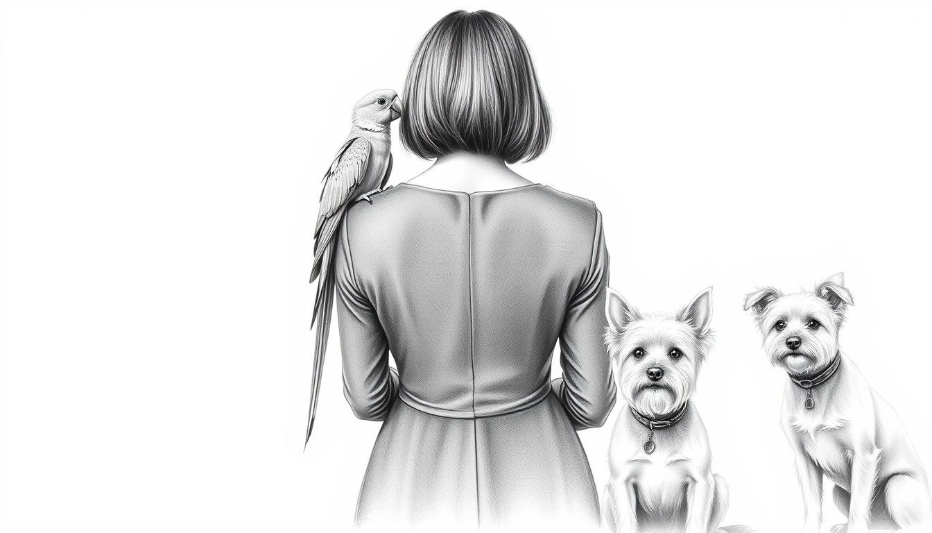 Main art studio: Elegant black and white pencil drawing, a woman standing seen from behind, with shoulder-length darker ( but not dark) hair. Two parrots are sitting g