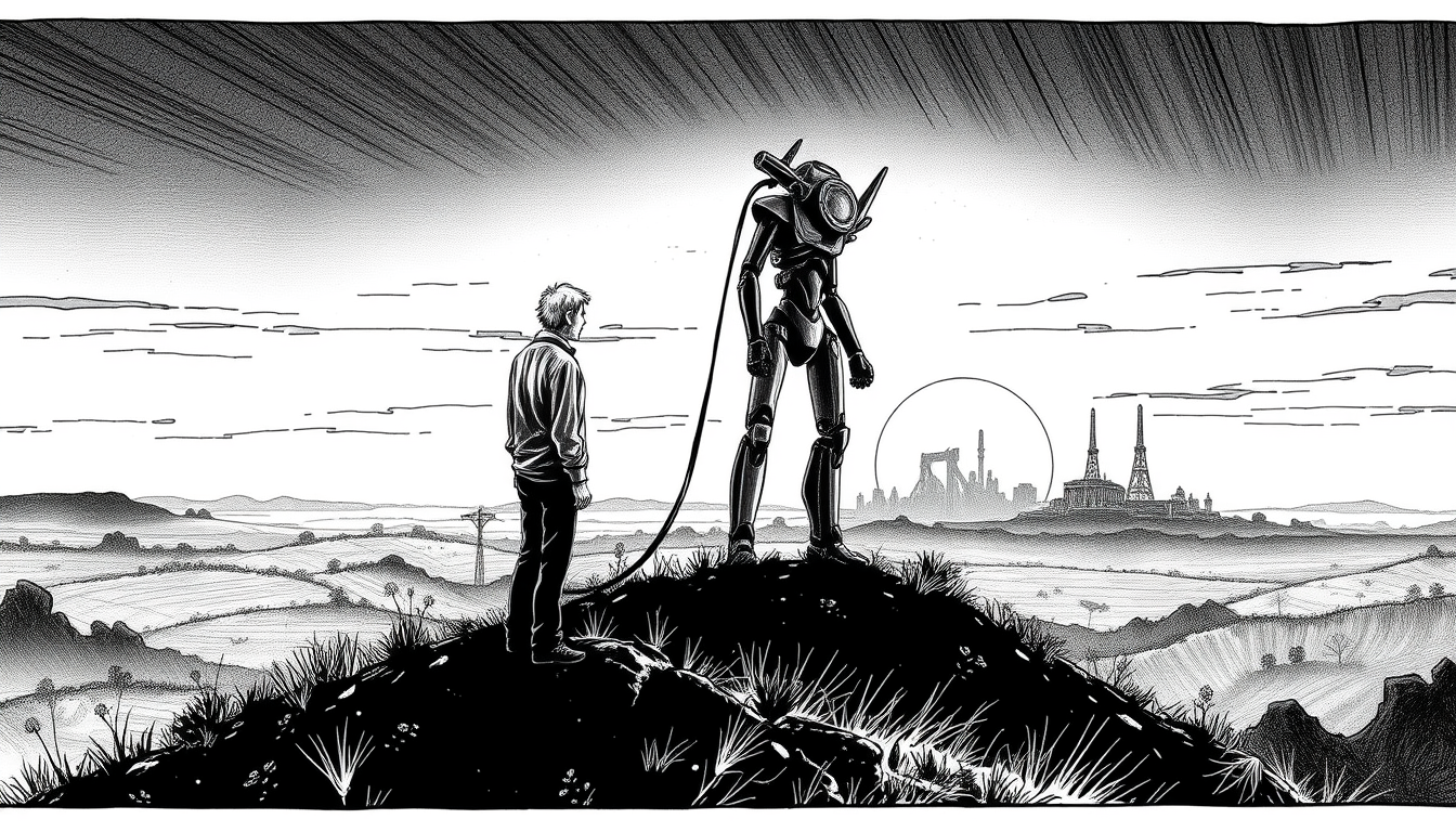 Manga idea created from the prompt: manga panel, black-and-white ink, screentone shading, expressive line weight, seinen dystopia, elderly man and tall slim humanoid robot on a