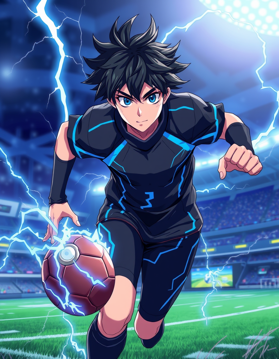 Anime idea: anime style, vibrant colors, expressive eyes, Original anime football player, Zayden the Storm Runner, young adult male forward, full body, sprinting