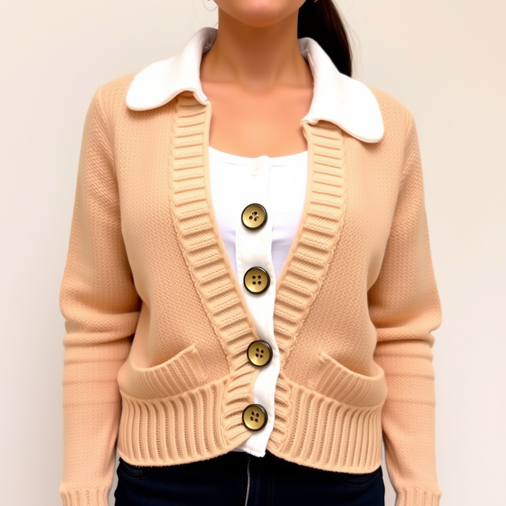 AI Art prompt example created from the prompt: Create an image of a cute cardigan (not V-neck) featuring a cute collar and large, oversized (eye-catching), realistic buttons. No person sh
