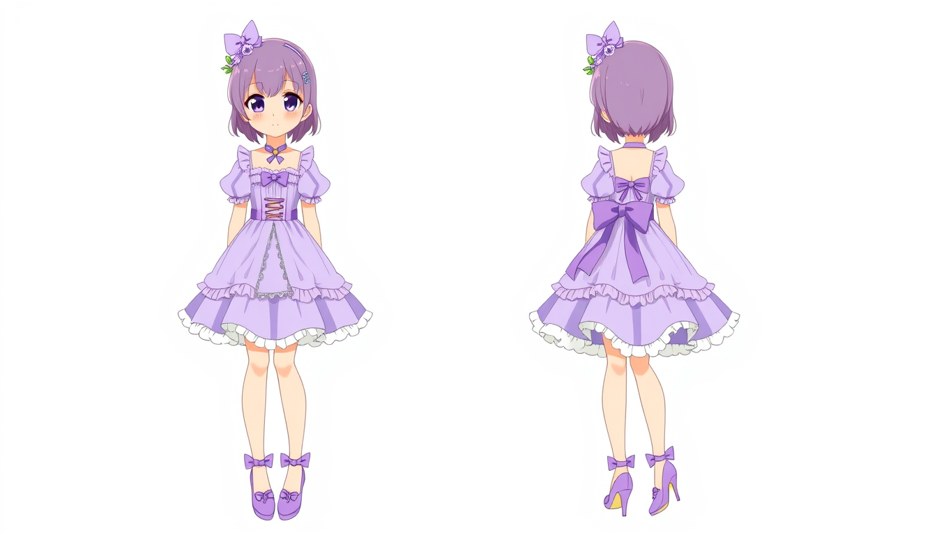 Main art studio: Keep the same anime girl's face, purple eyes and hairstyle. Change her entire outfit into a beautiful lavender princess dress with bows, frills and ma