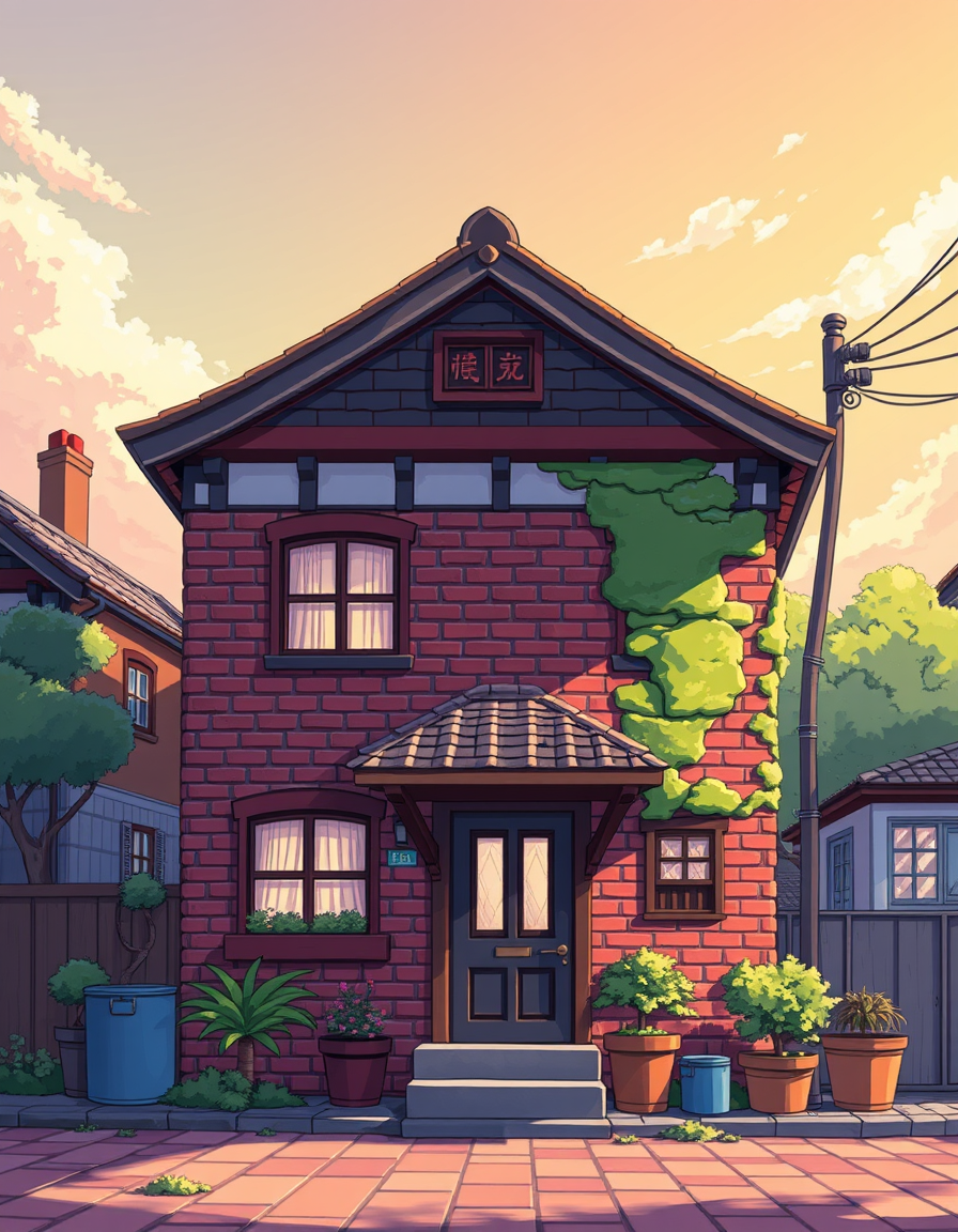 Anime idea: anime style, vibrant colors, expressive eyes, create an brick House building with simple Toon cel-shaded artstyle , detailed anime illustration