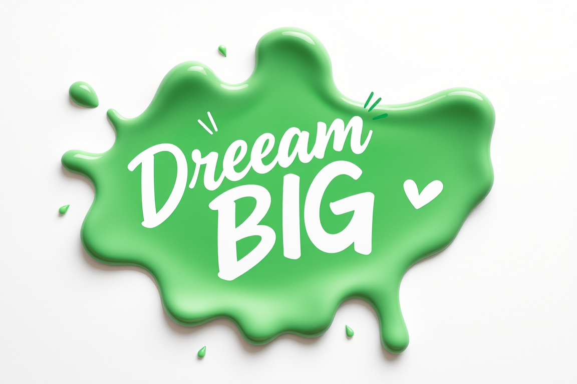 Main art studio: A glossy green paint splash shape with droplet-shaped lobes and shiny 3D highlights on a white background. Inside the splash, the phrase "Dream BIG" i