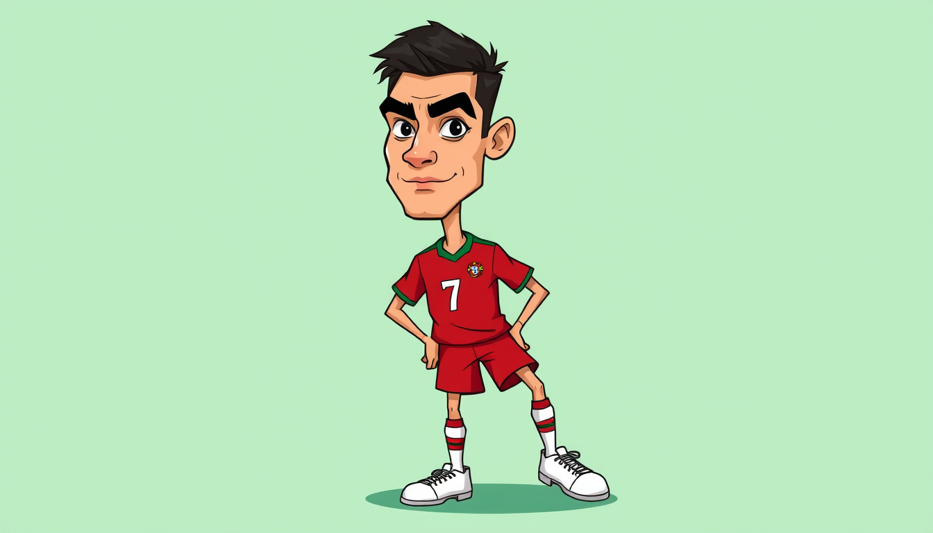 Main art studio: Hand-drawn 2D football cartoon of a famous Portuguese number 7 player, short dark faded hair, strong eyebrows, angular face, confident expression, red