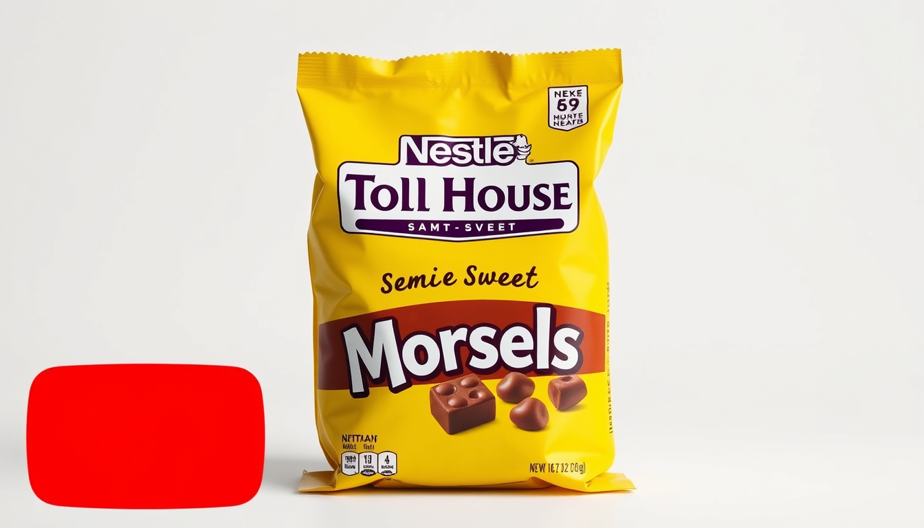 YouTube Banners idea: youtube channel banner, wide 16:9 composition, bold branding graphics, A realistic studio product photo of a Nestlé Toll House Semi-Sweet Chocolate Mo