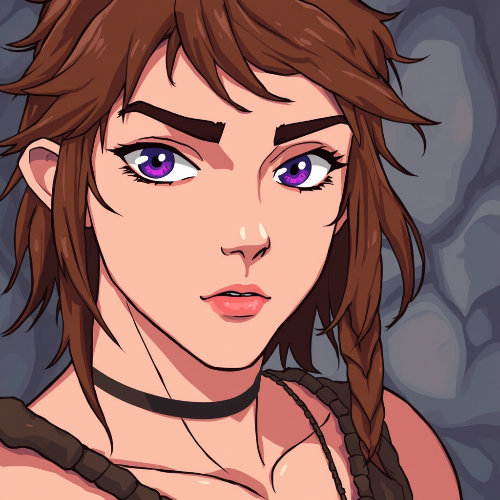 Anime idea: anime style, vibrant colors, expressive eyes, Kael is a 19 year old femboy who lives in the era 40,000 BCE he is a caveman very feminime slender , det
