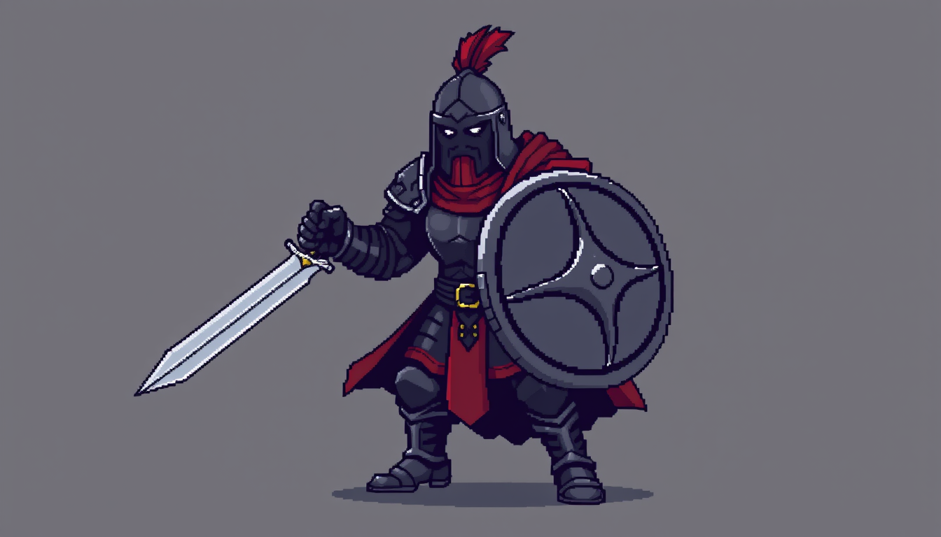 Sprites idea: pixel art game sprite, clean pixel grid, retro 16-bit palette, Hand-drawn 2D fantasy warrior for a top-down roguelike game. Dark steel armor, red cape