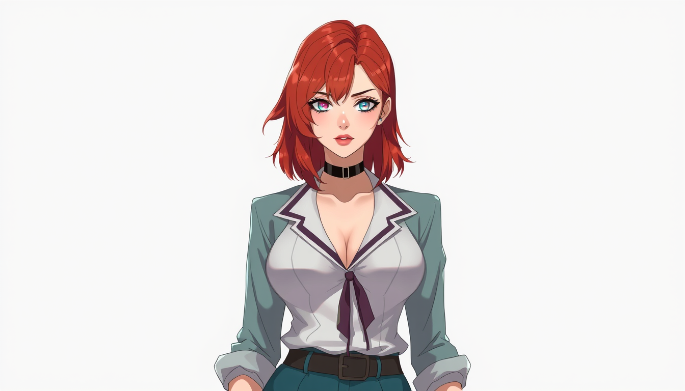Characters idea: an original character defined by silhouette, role, outfit, palette, and expression, deliberate composition, realistic a woman with red hair , polished