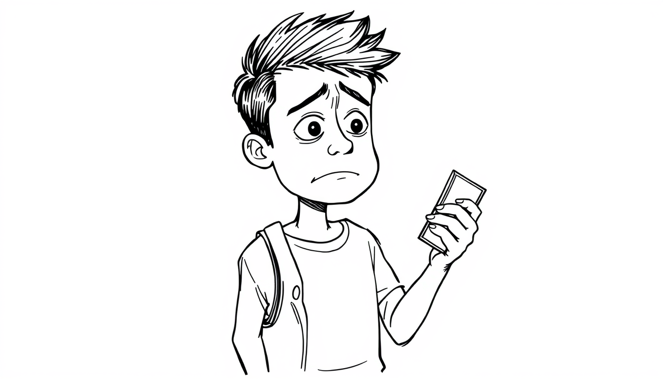 Main art studio: A young Indian man, 25 to 30 years old, worried expression, looking at his nearly empty wallet, slightly stressed body language, wearing simple casual
