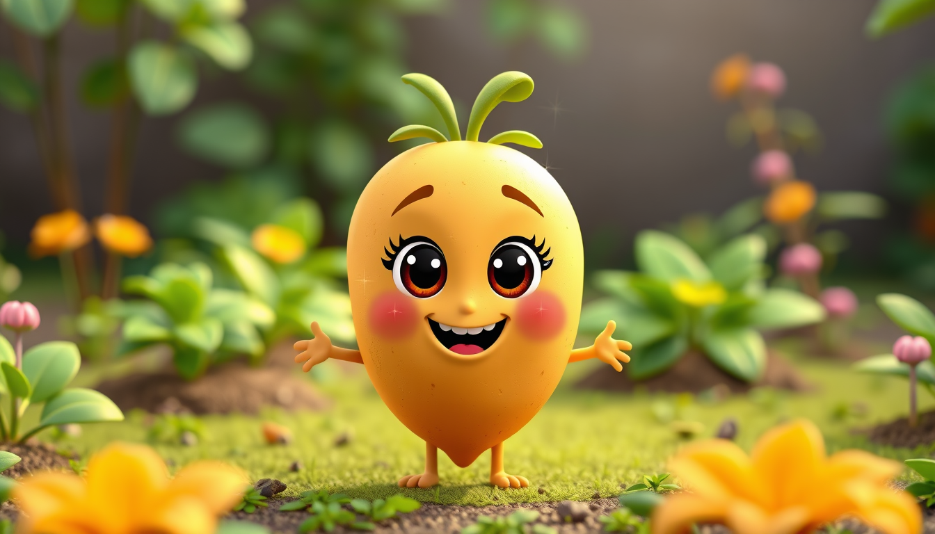 Main art studio: A cute 3D cartoon potato with big sparkling eyes, a happy smile, tiny arms and legs, standing in a green garden, colorful children's educational anima