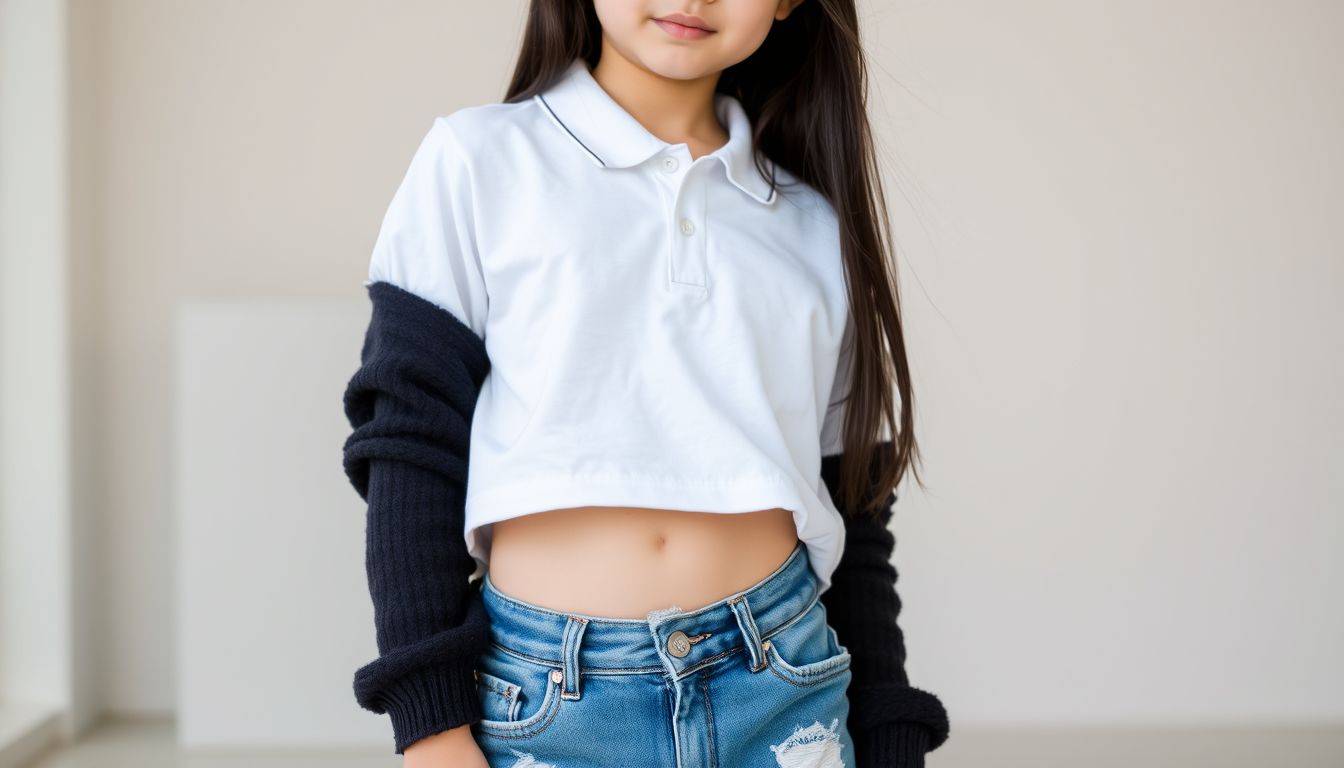 Main art studio: an image of a cute girl with white polo t-shirt and blue torn baggy jeans pant , long black open hair without bangs and black crop sweater