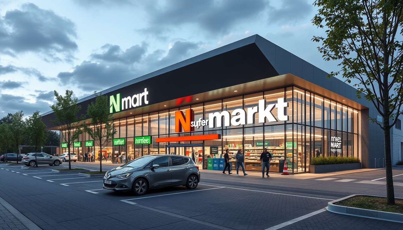 Main art studio: In Bremen gibt es die Firma Nehlsen. Erstelle einen futuristischen und nachhaltigen Supermarkt mit großem Parkplatz mit Ladesäulen und PV Anlage auf d