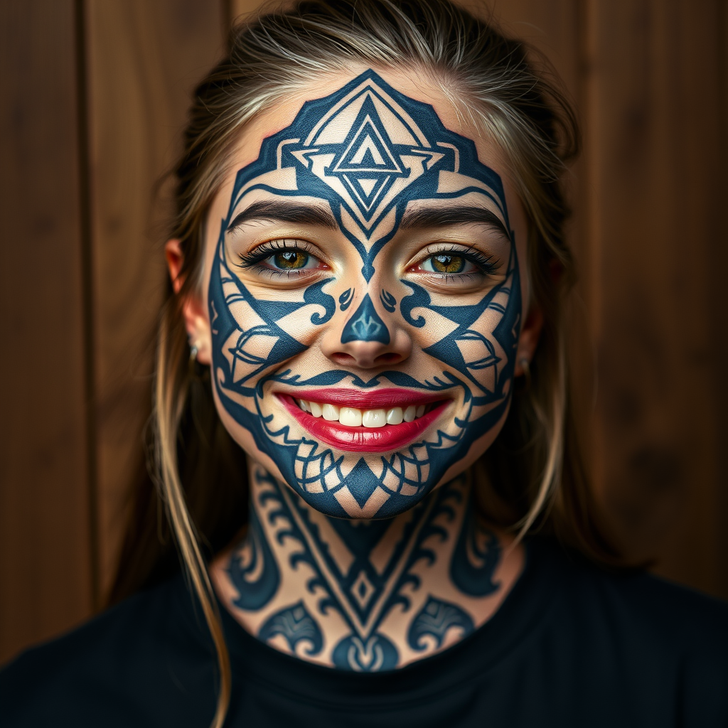 Main art studio: Photo of young woman with entire face geometric pattern tattoo smiling at camera