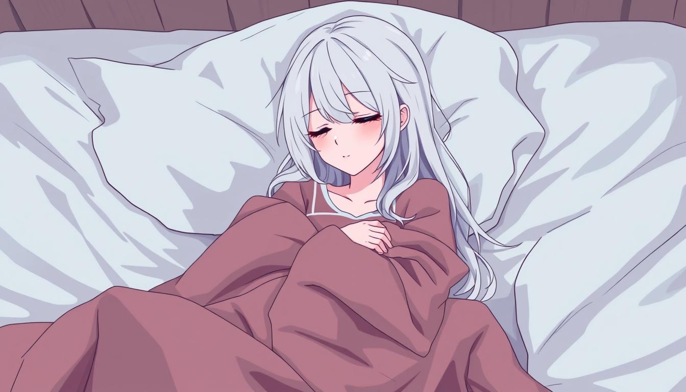 Main art studio: Genera una imagen de una chica con pijama suelta corta acostada en una cama con las piernas un poco abiertas con la cara sonrojada con los ojos cerrad