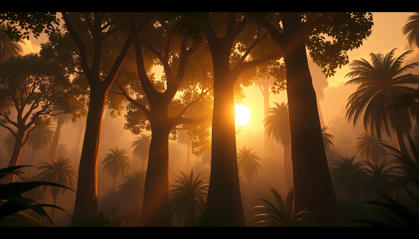 Main art studio: Vertical 9:16 cinematic 3D animated story scene, a dense mysterious Indian jungle at dusk, tall ancient trees, light fog, golden sun rays passing thro