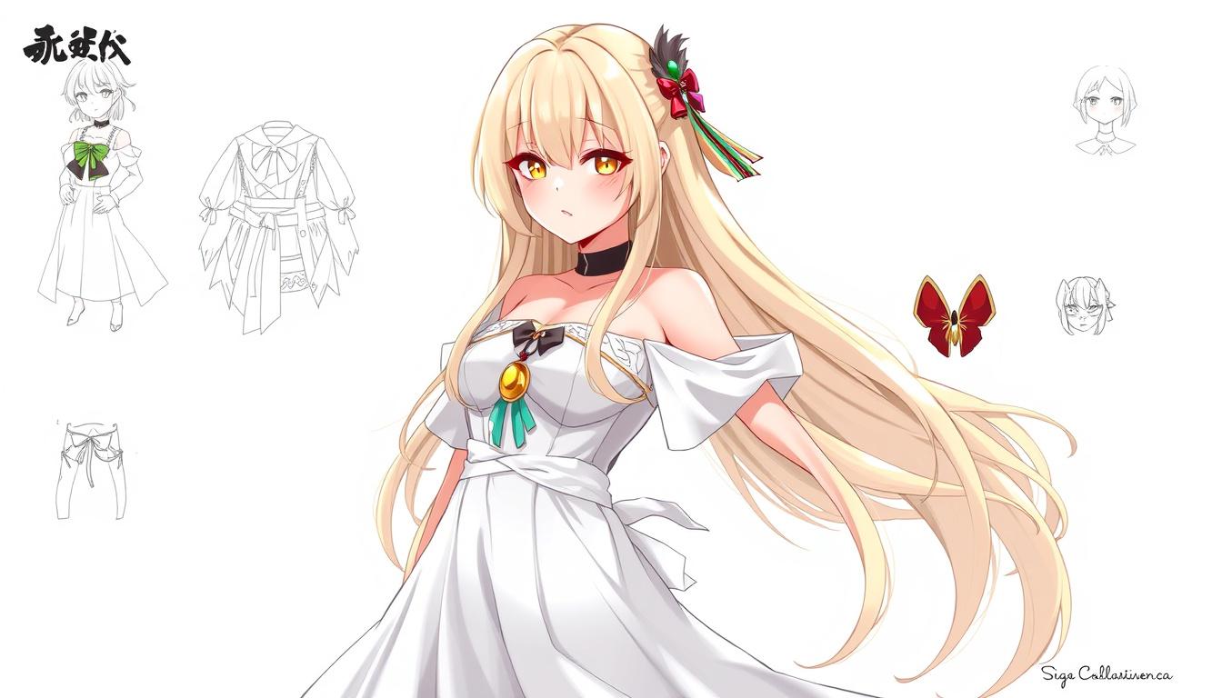 Character idea created from the prompt: original character design, detailed outfit and accessories, expressive personality, a yung lady with blonde waist length straight thick silk