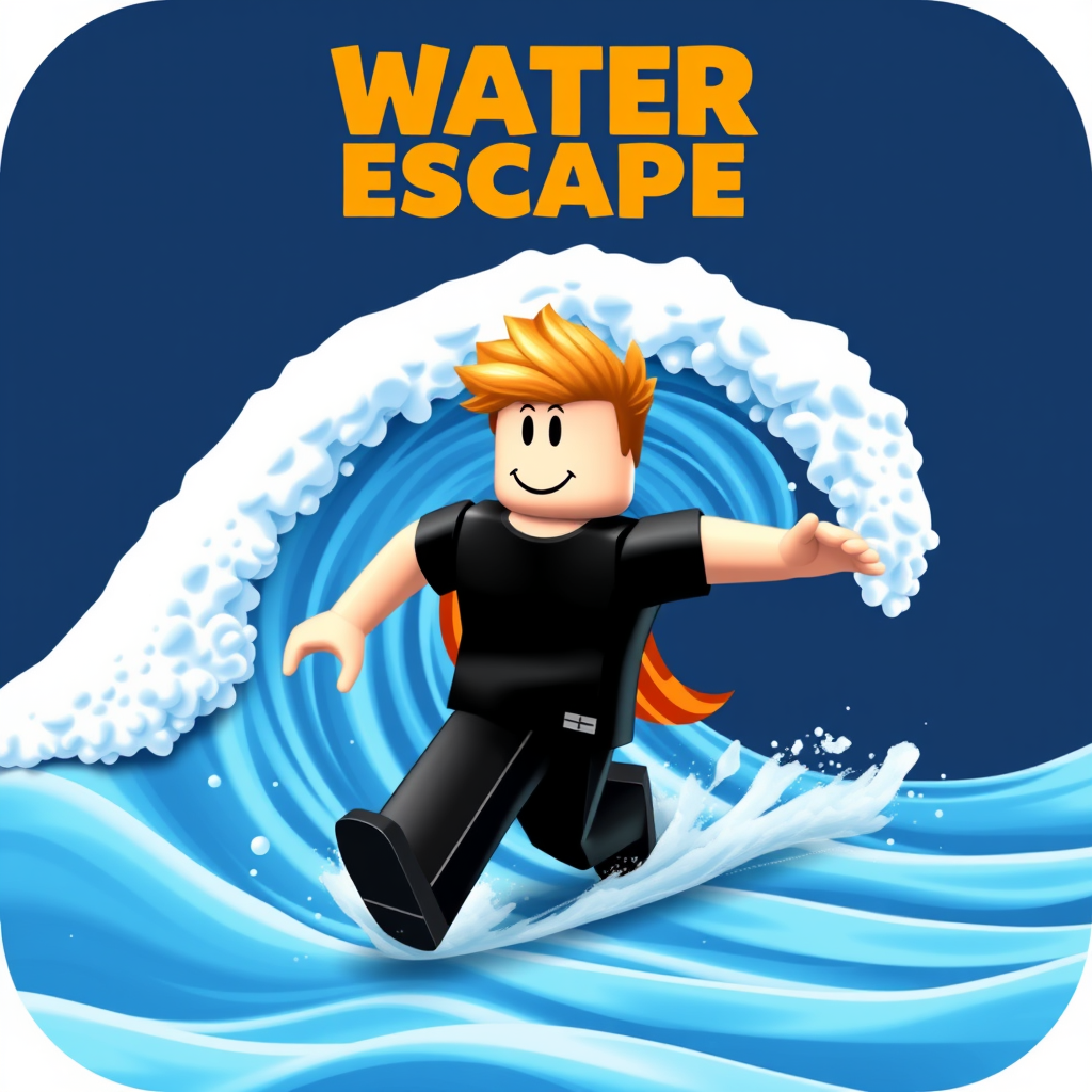 Main art studio: It's a icon for a Roblox game it has to be water themed with a text in the top that says water escape with a bacon avatar with a black t-shirt and bla