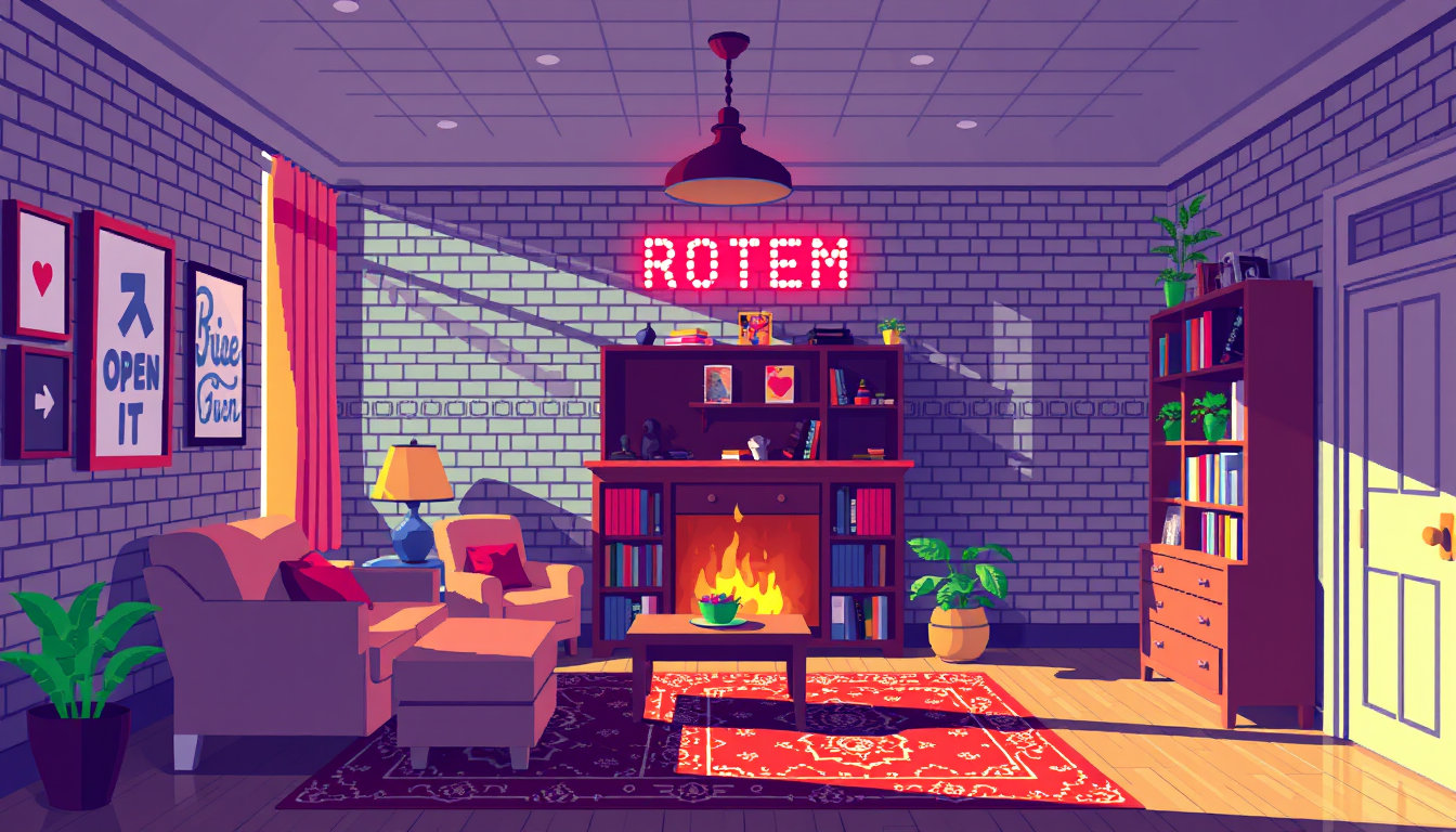 Main art studio: Pixel art bright well lit room with words Room is open