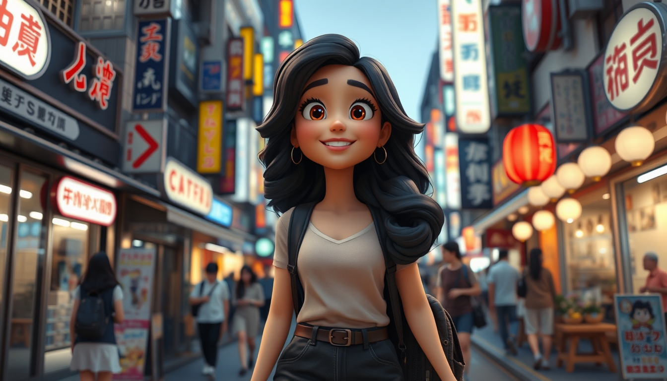 Main art studio: 3D animated movie scene of Brit, a fictional lighten skin woman cartoon character, walking through Tokyo, Japan. She has long, voluminous black wavy-c