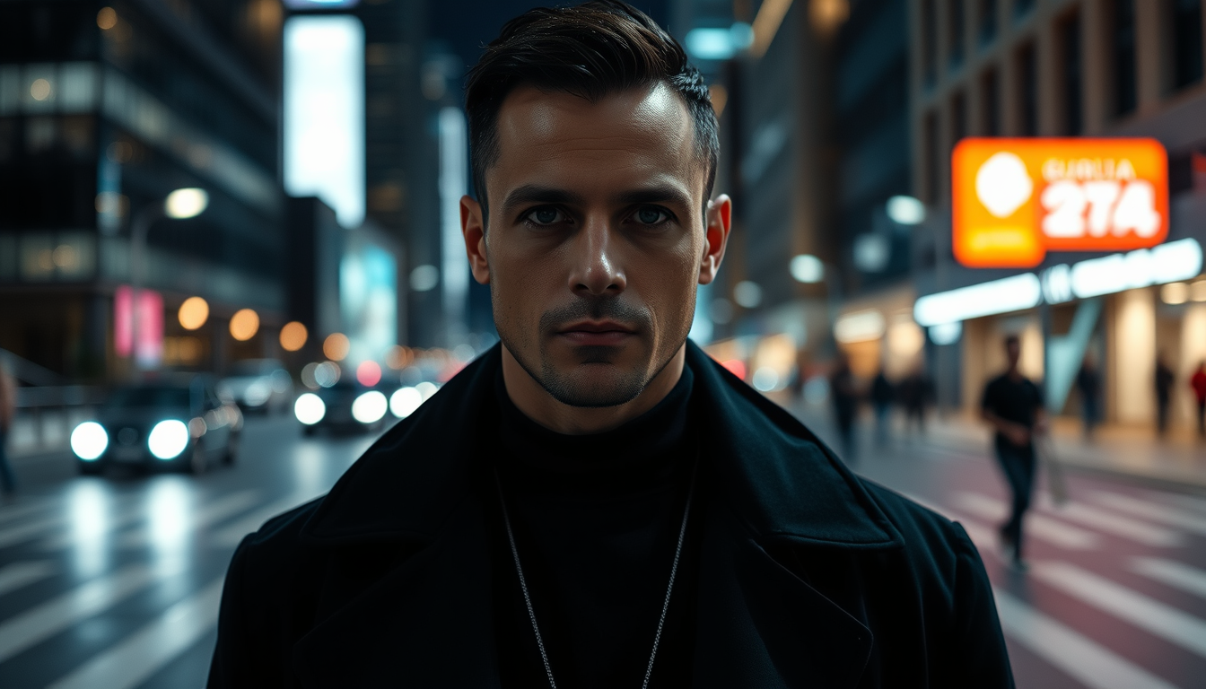 AI Art prompt example created from the prompt: Create a cinematic realistic portrait of the person in the reference photo, standing in a modern city at night, wearing a stylish black outf