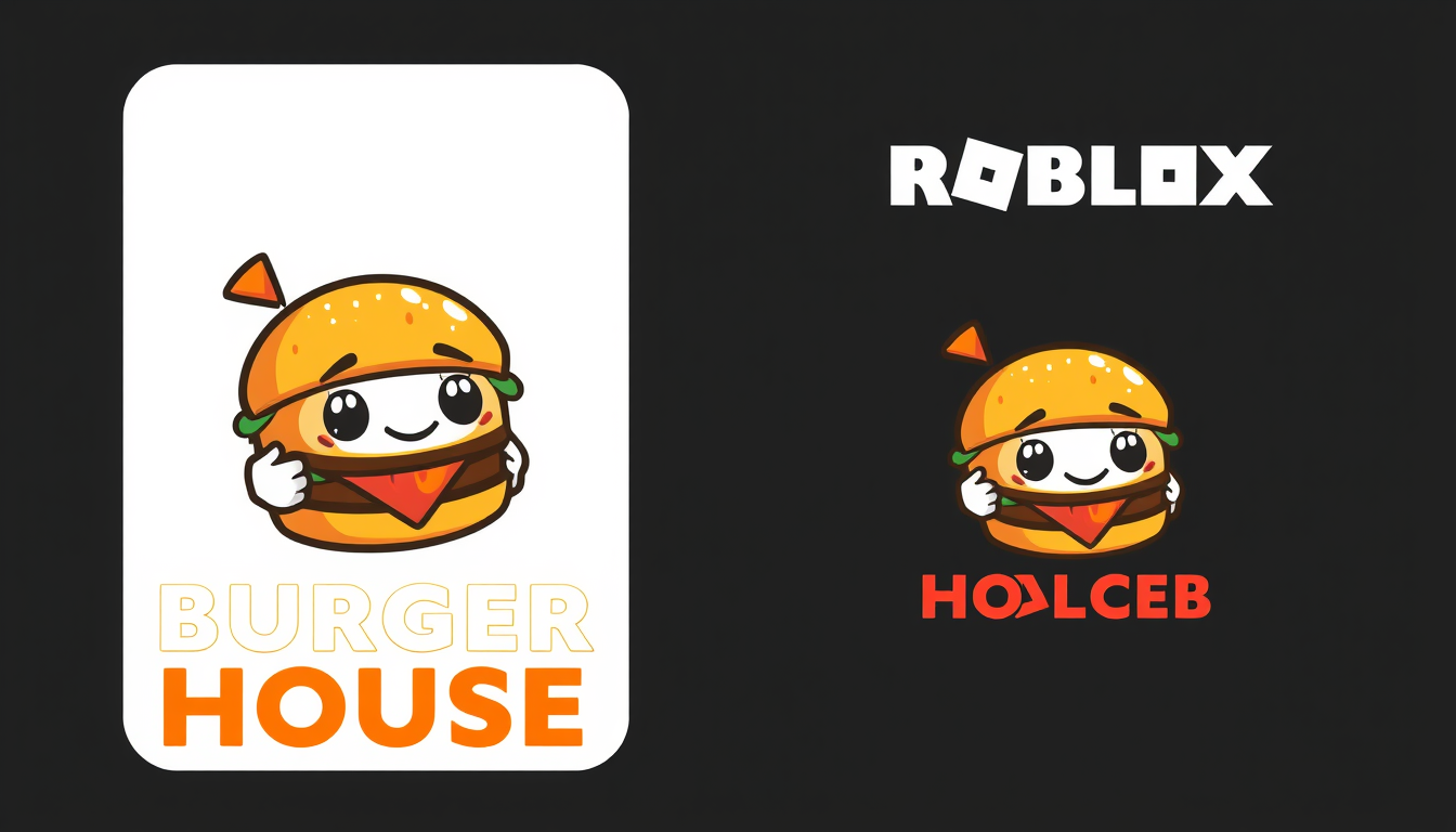 Main art studio: Fun Roblox restaurant logo for "BURGER HOUSE". Cute stylized burger mascot, friendly expression, bold clean typography, polished cartoon style, simple