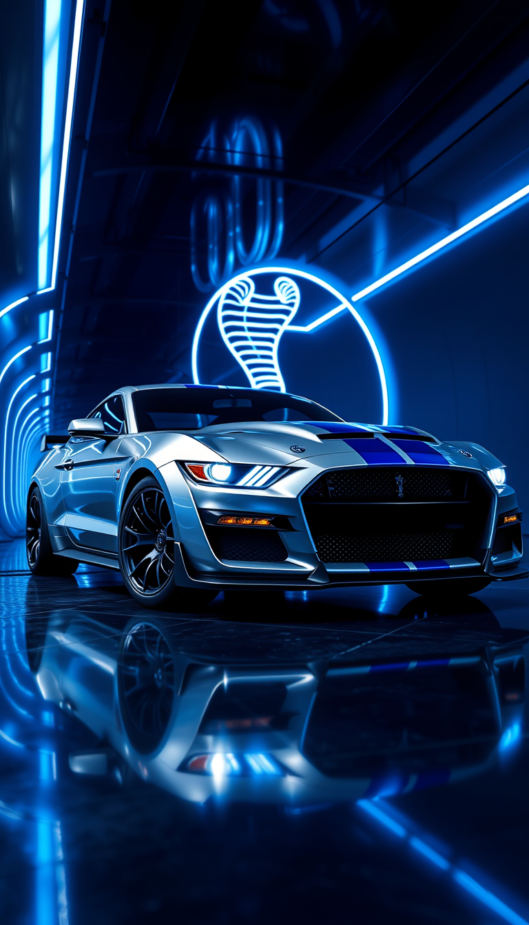 AI Art prompt example created from the prompt: Hyper-realistic 8K vertical wallpaper of a silver Ford Mustang Shelby GT500 with electric-blue racing stripes, aggressive front grille, shar
