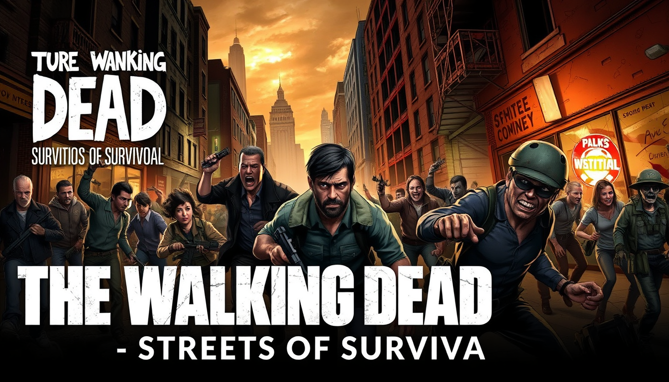 AI Art prompt example created from the prompt: The Walking Dead: Survivors – Streets of Survival, official game poster style, semi-realistic comic artwork, recognizable game characters, a