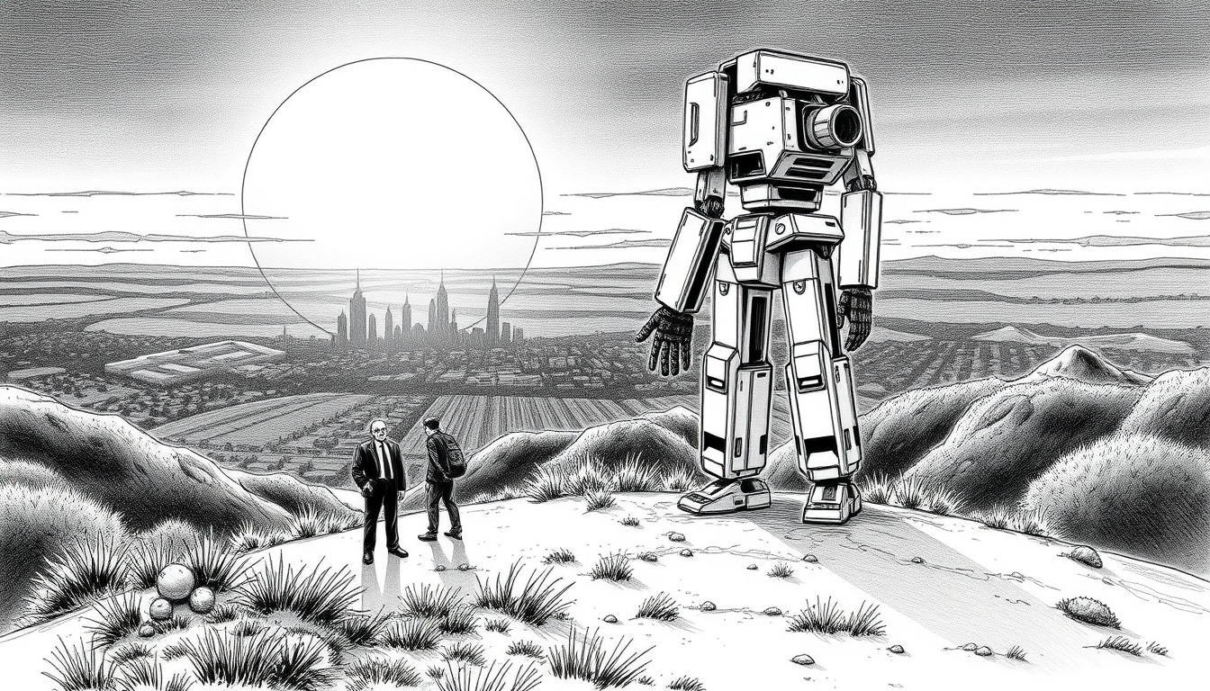 Manga idea created from the prompt: manga panel, black-and-white ink, screentone shading, expressive line weight, blame dystopia, elderly man and tall humanoid robot on a hill,