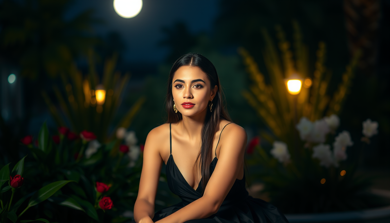 Main art studio: Beautiful Arab woman, natural beauty, elegant black dress, sitting in a beautiful garden at night, soft moonlight, gentle warm lighting, realistic pho