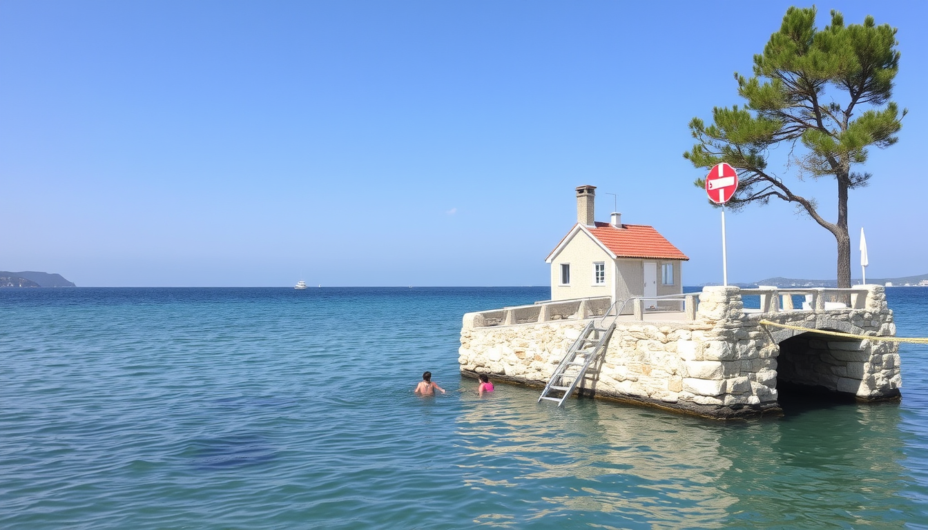 Main art studio: hinten ist ein meer, links und rechts ein paar häuser in kroatien (insel) die häuser schauen nicht so altmodisch eher aus stein nur ein kleiner steins