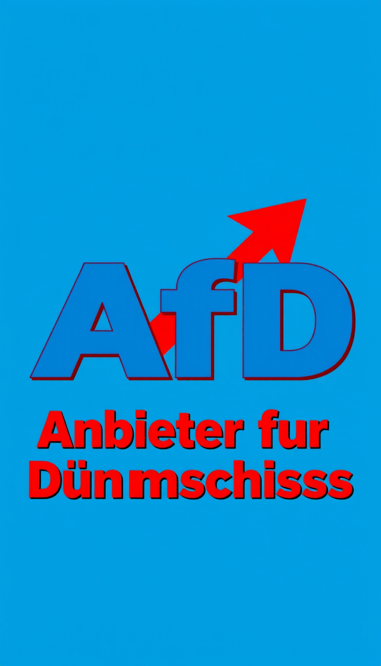 Main art studio: Satirical German political parody wallpaper, ultra-wide 20:9, 2400x1080. Blue campaign-poster style, large blue "AfD" logo with red upward arrow. Bold