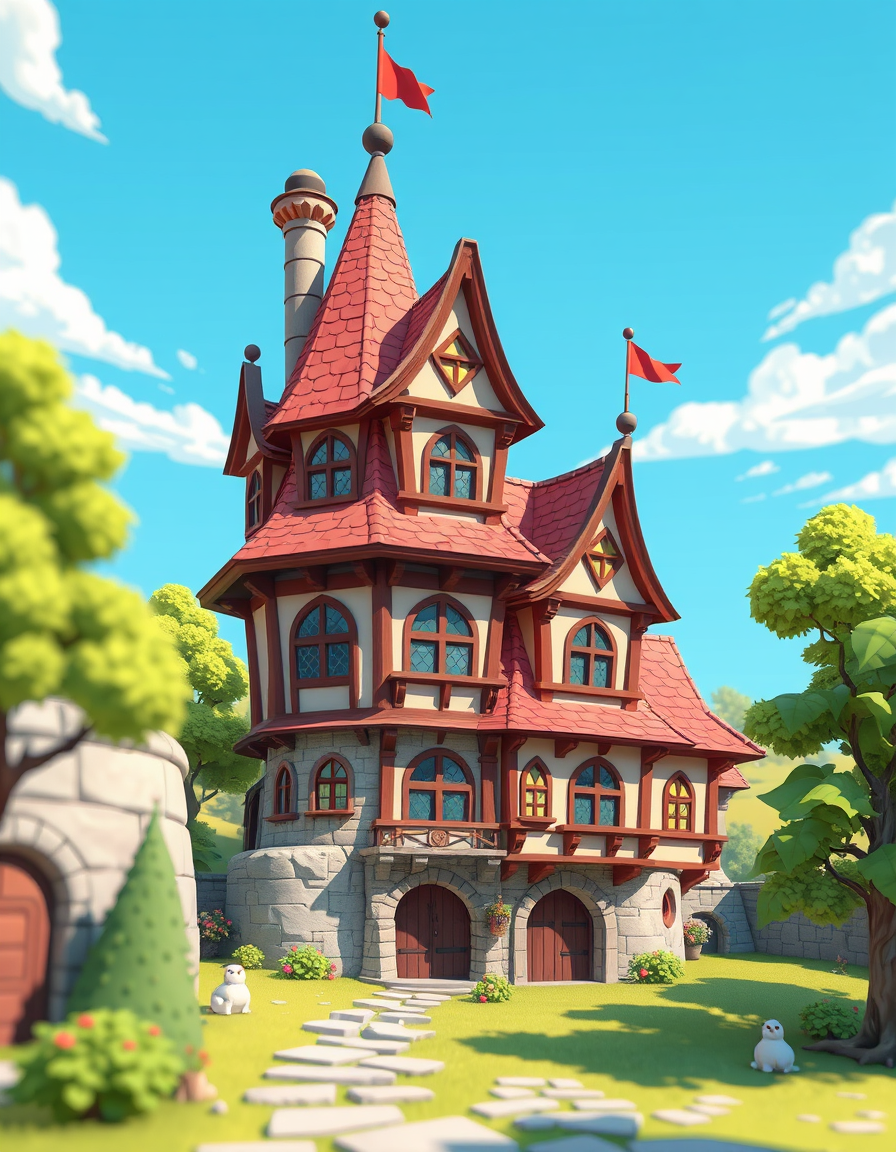 Anime idea: anime style, vibrant colors, expressive eyes, create a medieval house building with simple Toon cel-shaded artstyle in low poly 3d model style , detai