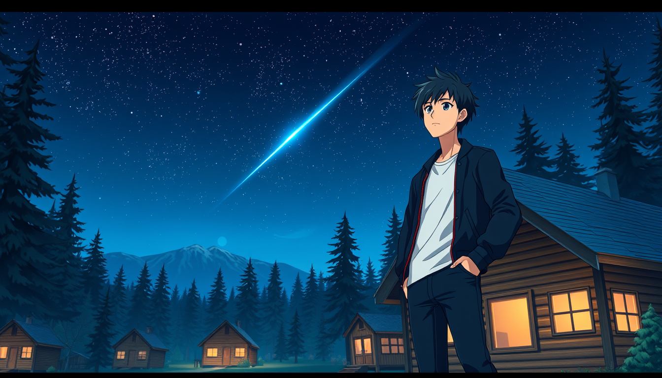 Main art studio: Wide cinematic anime establishing shot of Pinehaven, a quiet American mountain town surrounded by tall pine forests and distant mountains at night. Ru