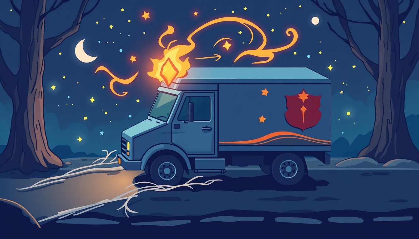 AI Art prompt example created from the prompt: Draw a magical delivery truck in 128x96 in topdown in up down left Right Position so in total the sprite needs to be 256x192 with 128x96 for