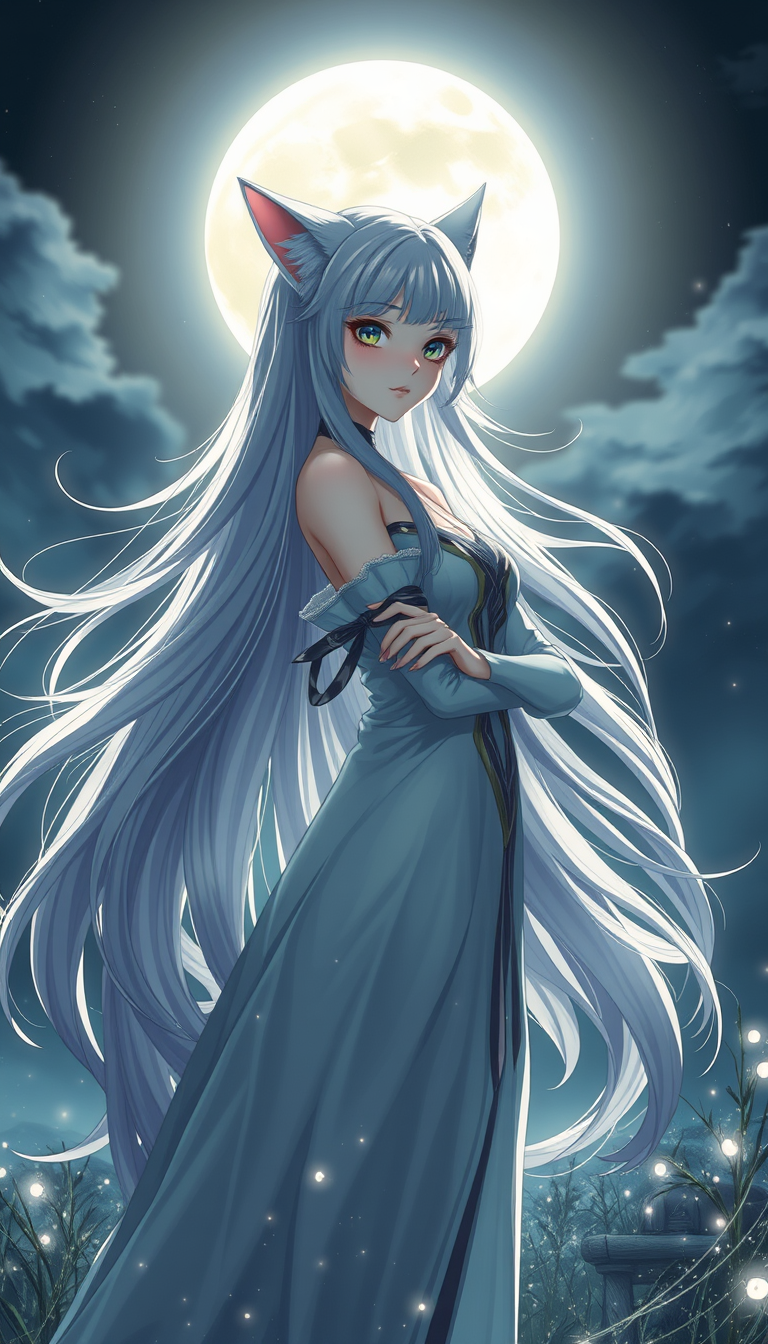 Main art studio: Adult female Miqo'te named Leen, elegant and feminine, with long flowing hair, expressive feline eyes and distinctive Miqo'te ears. Calm, confident an
