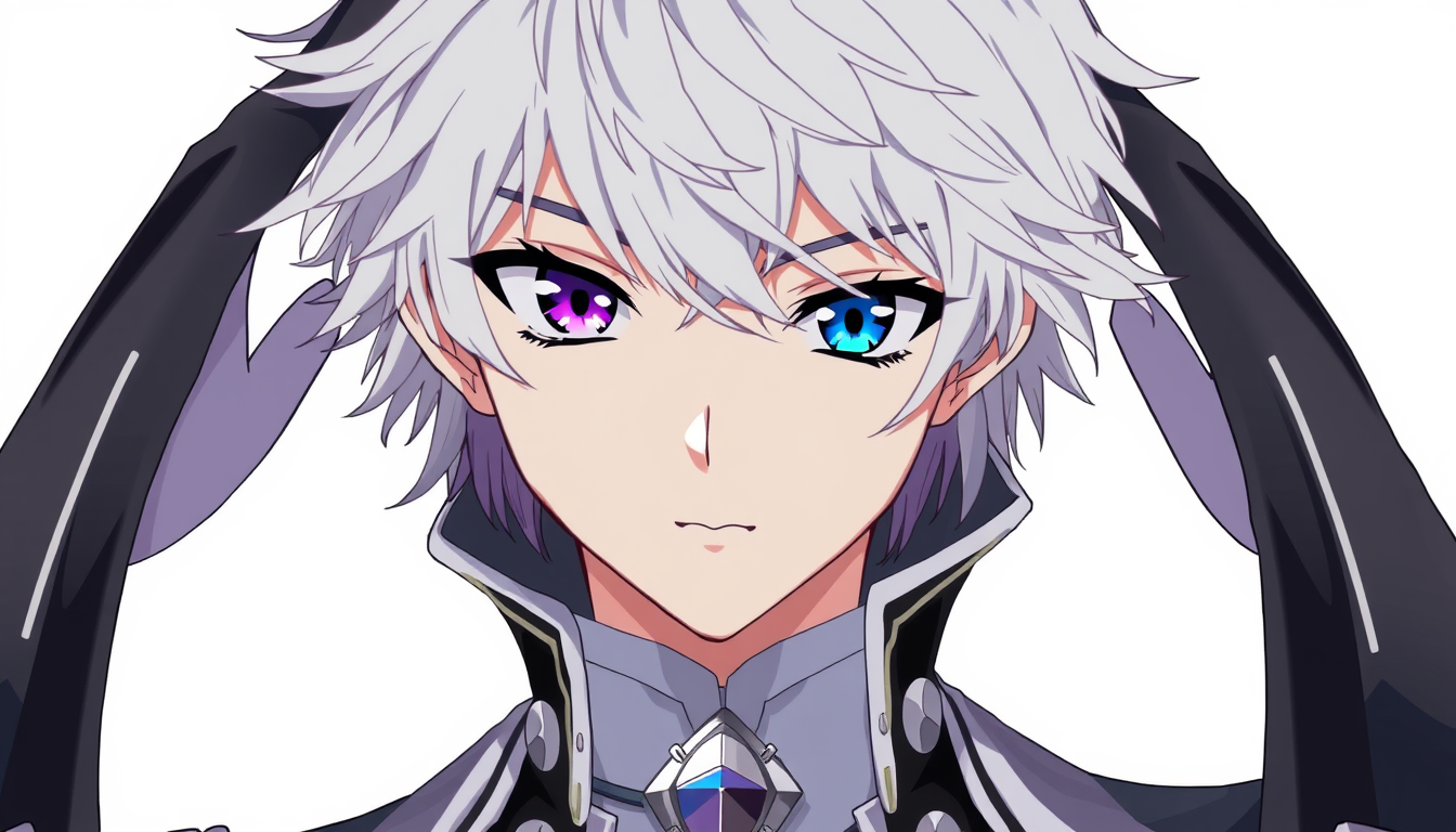 AI Art prompt example created from the prompt: Beautiful anime boy, age 13, elegant young prince. Silver-white fluffy layered hair, slightly messy pointed bangs, violet right eye and brig
