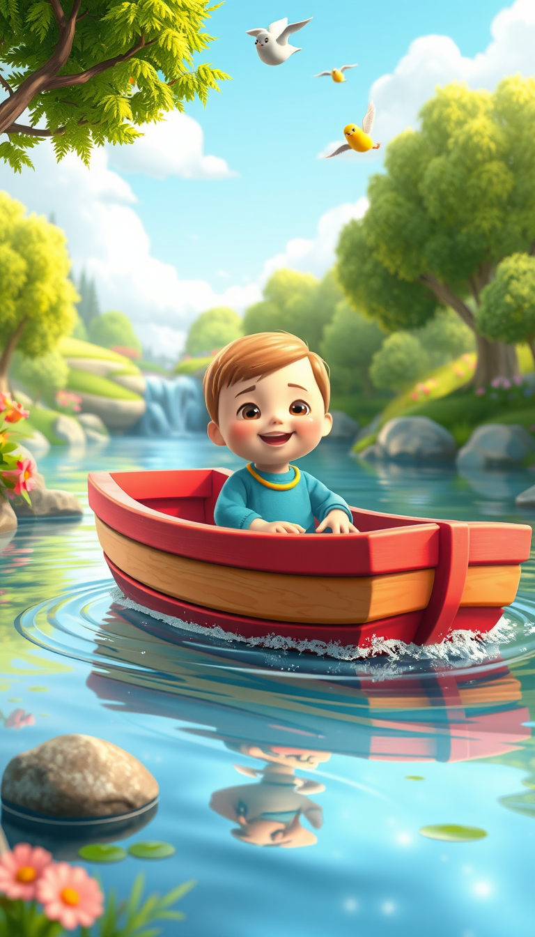 Main art studio: A cute, cheerful young child sitting safely inside a small colorful wooden boat, gently floating along a calm, sparkling river.The boat passes green t