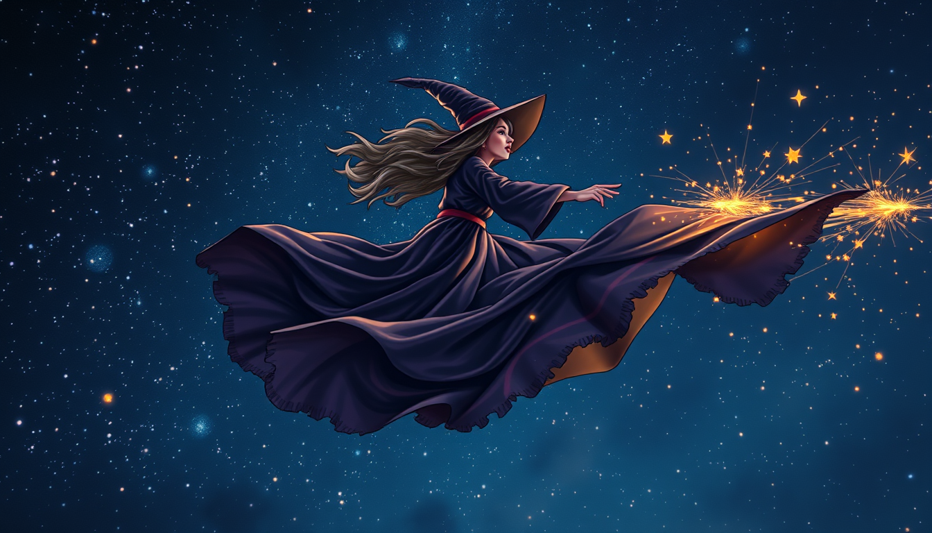 Main art studio: witch flying through a starry night sky, flowing robes, magical sparks
