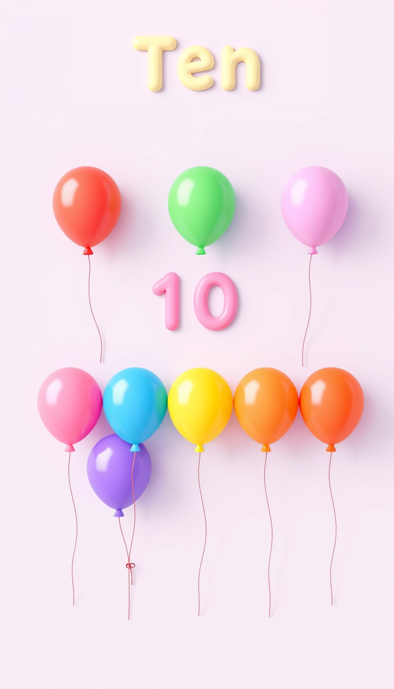 AI Art prompt example created from the prompt: Create a cute preschool educational illustration showing TEN colorful balloons. Arrange the ten balloons in two neat rows of five, with clea