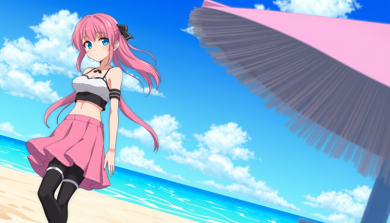 Main art studio: A anime women / femboy, she has pink hair with blue eyes, she's wearing a pink skirt with black and white crop. Black and white leggings standing on a
