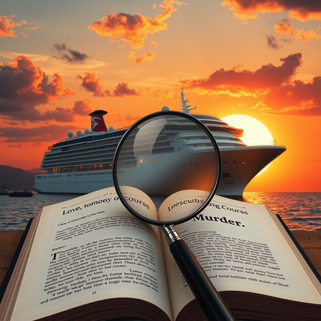 Main art studio: Warm theme sunset in background fancy giant cruise ship covering page magnifying glass over it with the title saying love, comedy of course murder and
