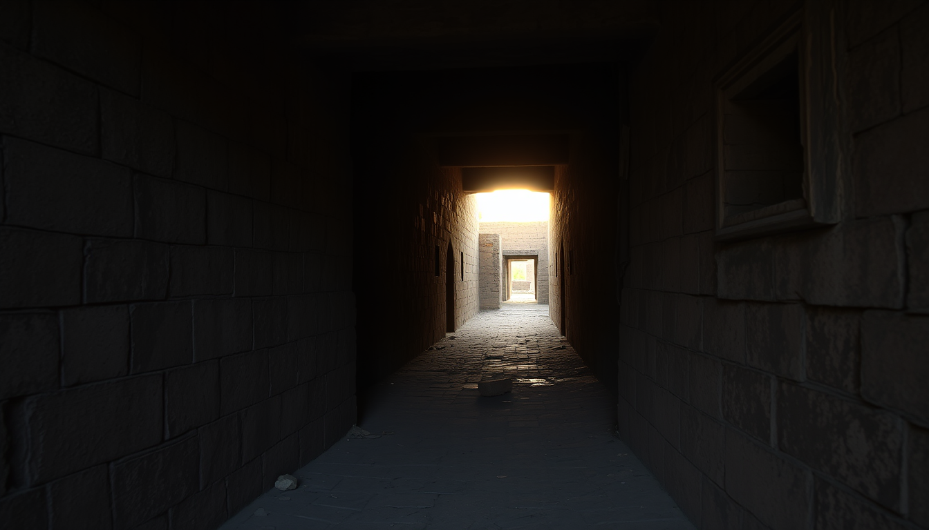 Main art studio: View from inside Bhangarh Fort looking through a long abandoned stone passage, ruined walls, dark empty doorways, fading evening sunlight, mysterious 