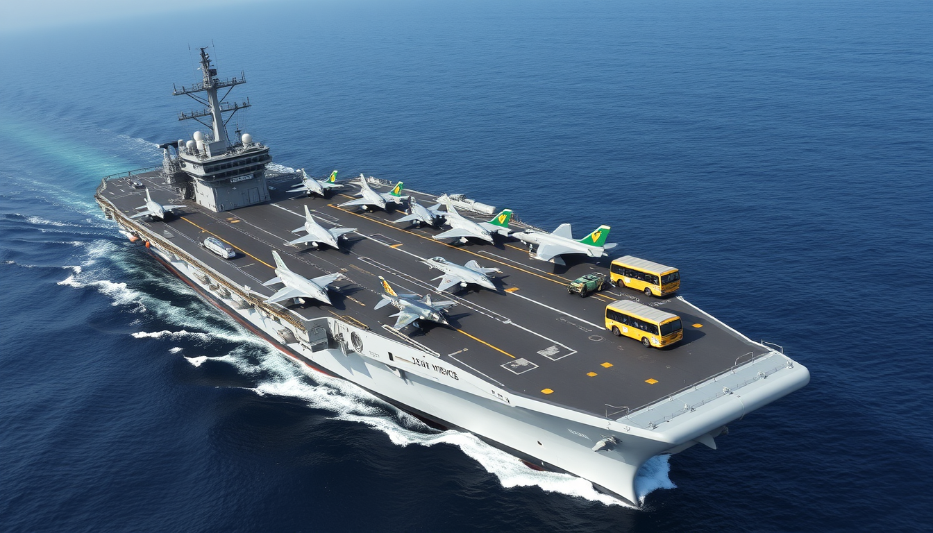AI Art prompt example created from the prompt: Ein flugzeugträger der nimitz klasse mit stealth Eigenschaften. An deck sind dassault mirage 2000 jets, Eurofighter Typhoon jets, dassault r