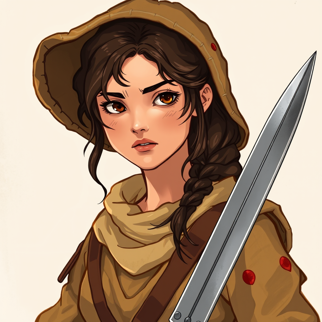 Main art studio: Stilisierte mittelalterliche Fantasy-Illustration: Zella, junge Bäuerin mit sonnenbrauner Haut, kräftigem dunklem Zopf und offenem, lebhaftem Gesicht.