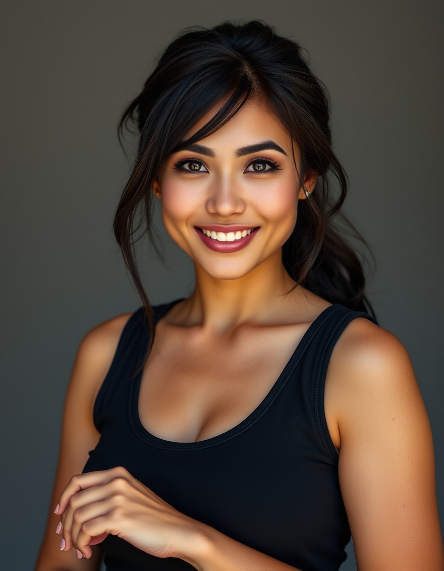 Main art studio: Photorealistic full-body adult woman with a soft oval face, rounded cheeks, dark almond eyes, full dark brows, straight narrow nose, medium-full lips,