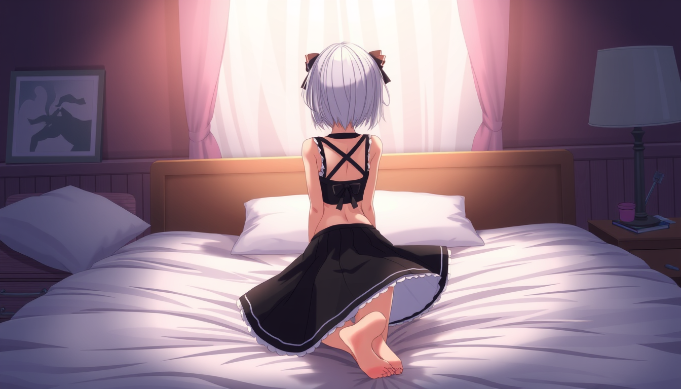 Main art studio: A anime woman with white hair, black clothing / skirt standing in a stance position on all four, she is sitting on a bed with a rier view from behind