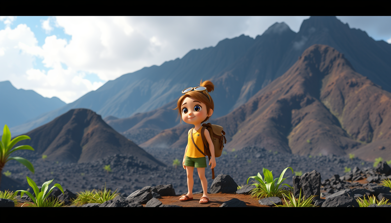 Main art studio: Scene 6: Chloe exploring a Hawaiian volcano landscape, dramatic mountains, black volcanic rocks, tropical scenery, cute 3D cartoon movie style. . Chlo